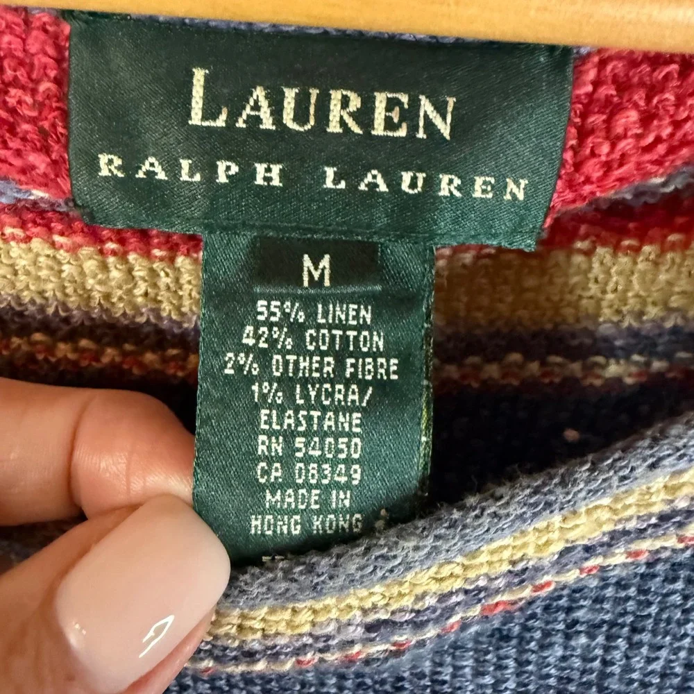 LAUREN Ralph Lauren Linen Striped Boat Neck 3/4 Sleeve Sweater Womens Medium - Picture 2 of 5